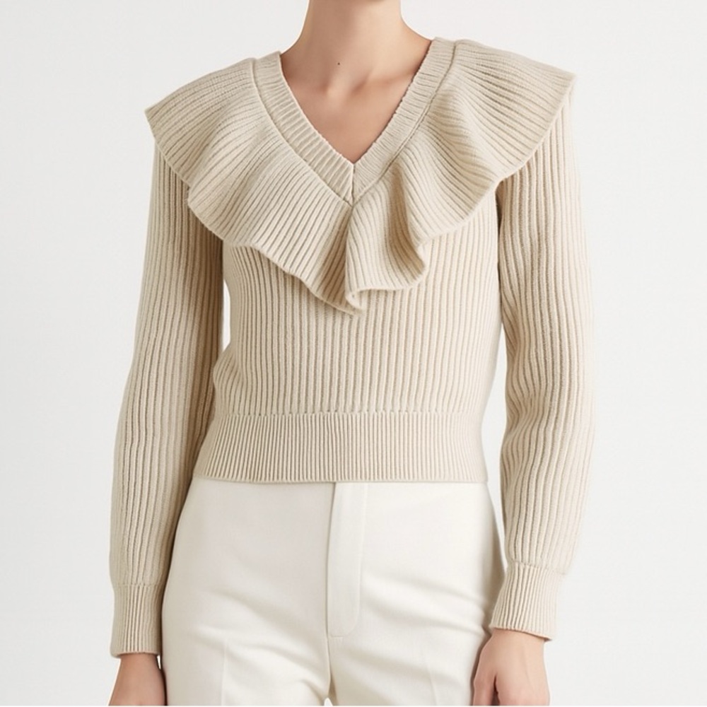H&M Wool Blend Frilly Collar V-Neck Ribbed Sweater Cream Ivory S